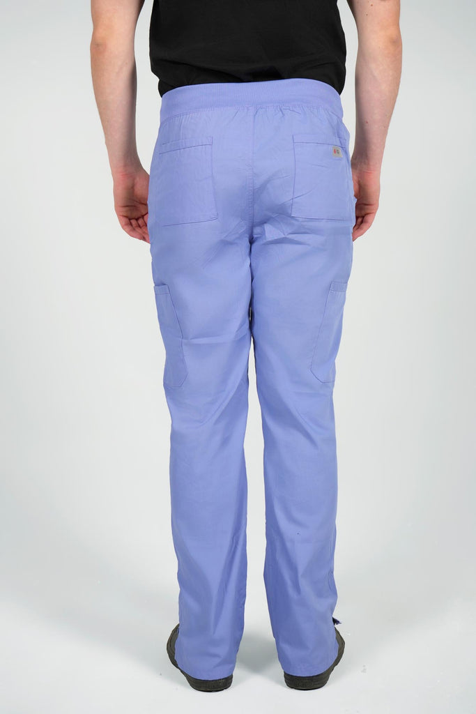Men's 6-Pocket Elastic Scrub Pant in Periwinkle back view on model