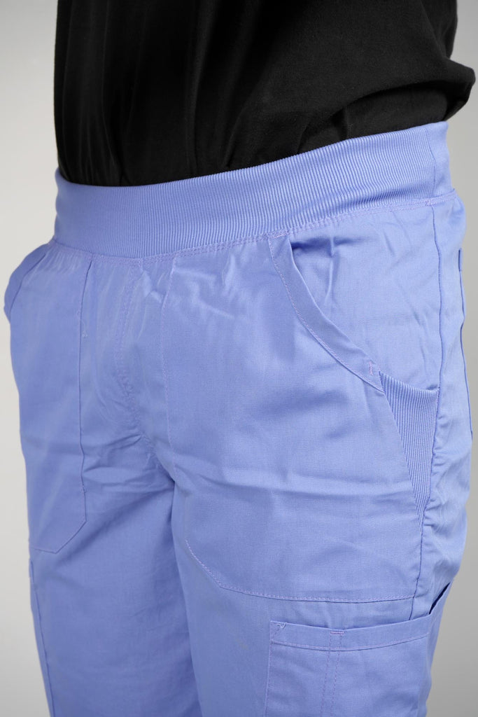 Men's 6-Pocket Elastic Scrub Pant in Periwinkle closeup on waistband and pockets
