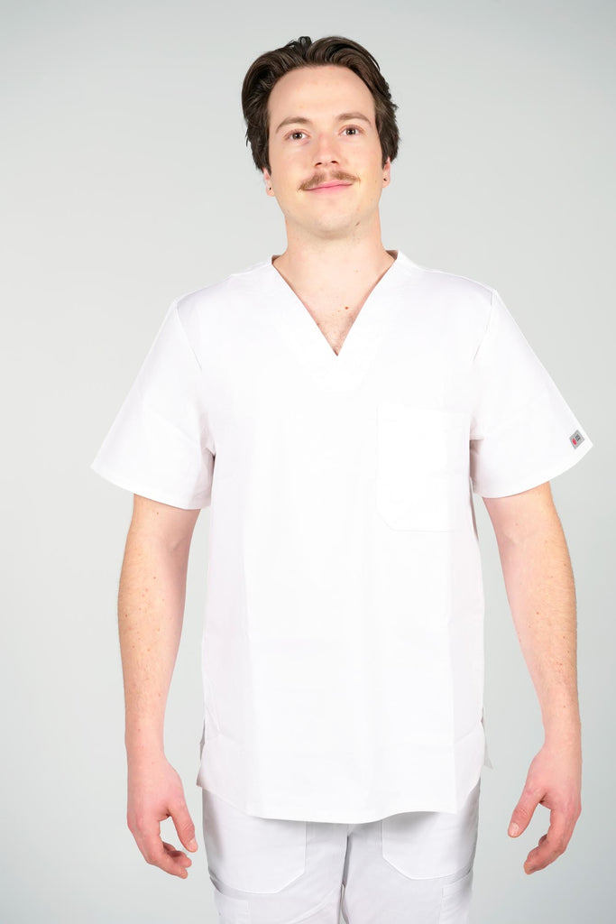Men's 3-Pocket Scrub Top in White front view on model