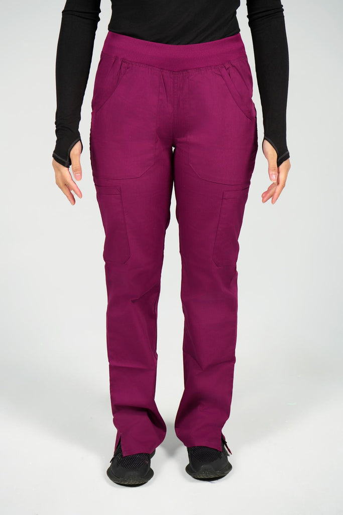Women's 6-Pocket Elastic Scrub Pant in Wine front view on model
