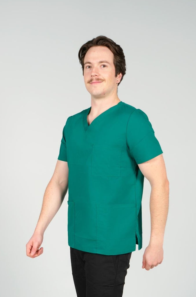 Men's 3-Pocket Scrub Top in Forest Green front view on model