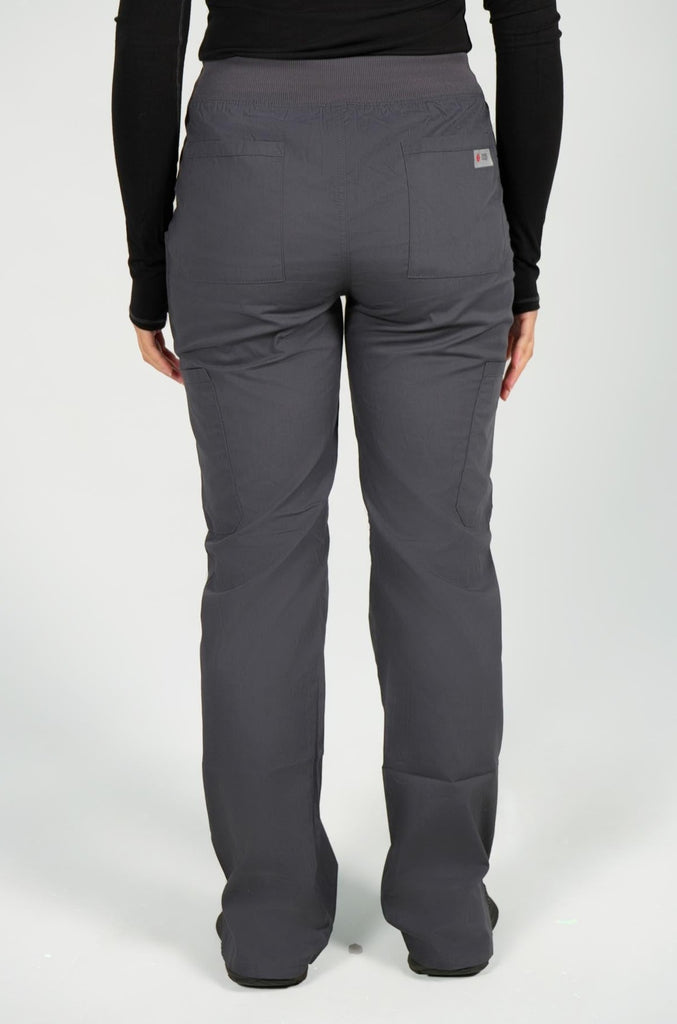 Women's 6-Pocket Elastic Scrub Pant in Charcoal back view on model