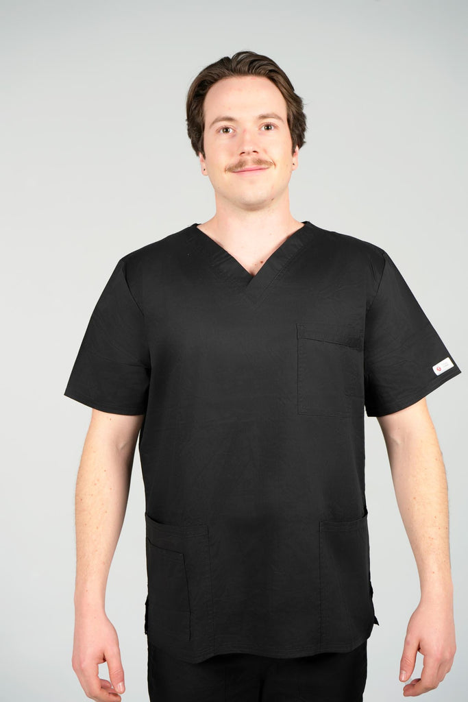 Men's 4-Pocket Scrub Top in black front view on model