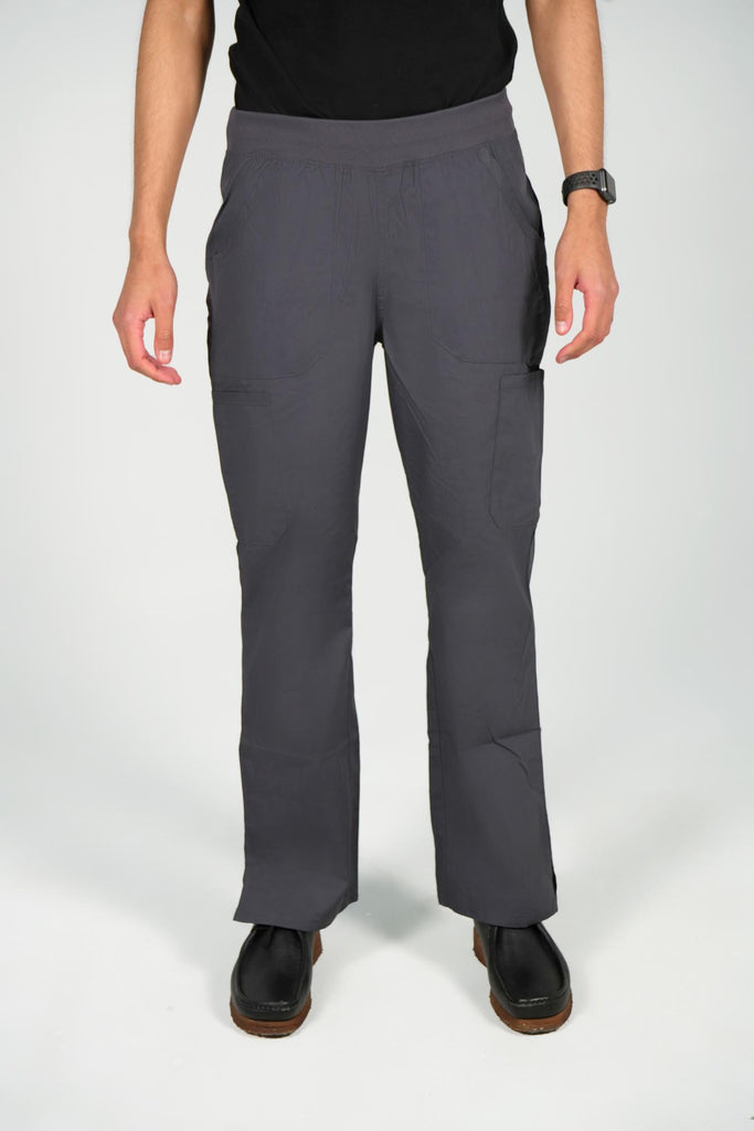 Men's 6-Pocket Elastic Scrub Pant in Charcoal front view on model