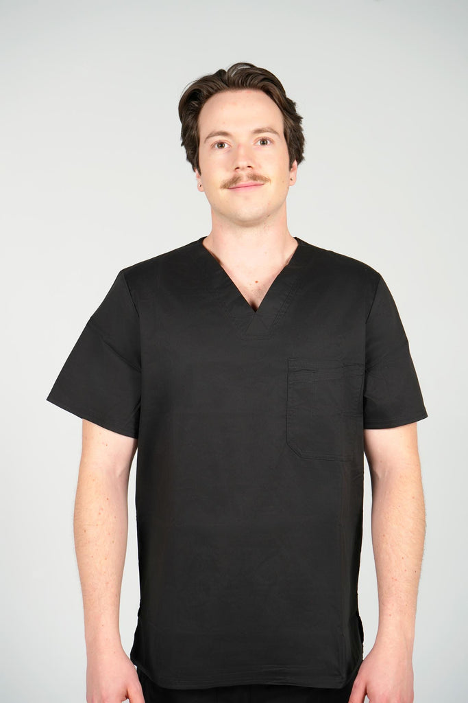 Men's 2-Pocket V-Neck Scrub Top in Black front view on model