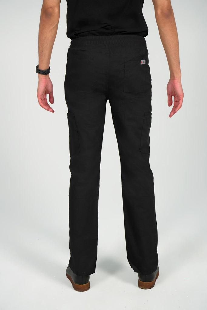 Men's 6-Pocket Elastic Scrub Pant in black back view on model