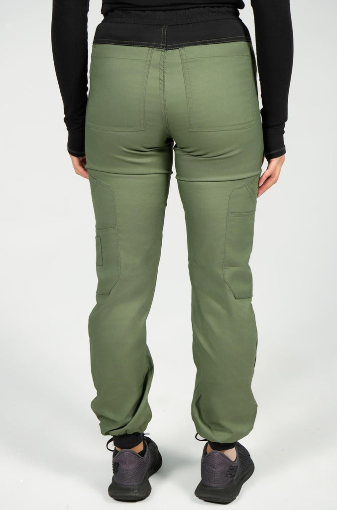 Women's 14-Pocket Cargo Scrub Jogger in shade olive back view