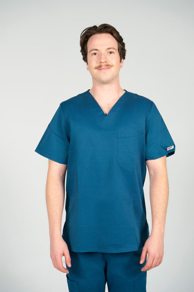 Men's 2-Pocket V-Neck Scrub Top in Caribbean view from front