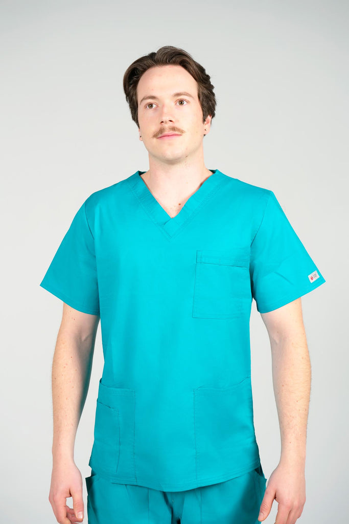 Men's 4-Pocket Scrub Top in Teal front view on model