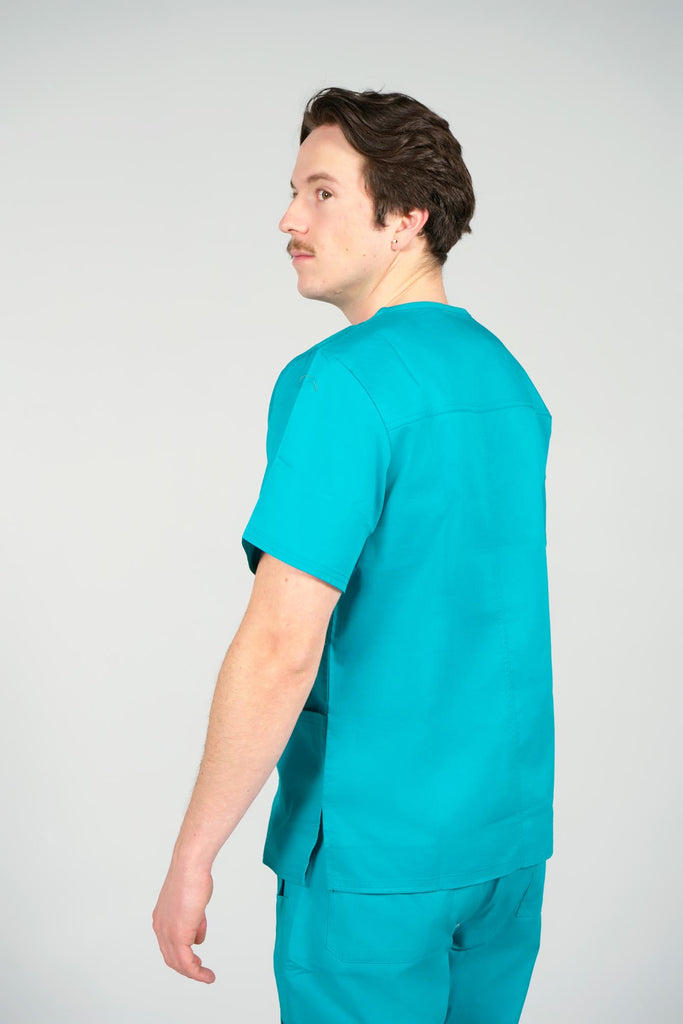 Men's 4-Pocket Scrub Top in Teal back and side angle view on model