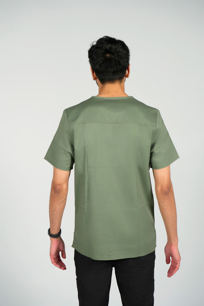 Men’s 2-Pocket V-Neck Scrub Top in Olive back view on model