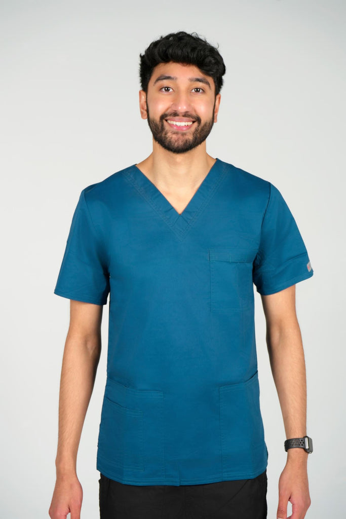 Men's 4-Pocket Scrub Top in Caribbean front view on model