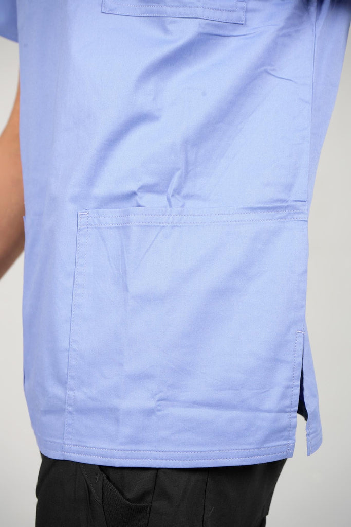 Men's 4-Pocket Scrub Top in Periwinkle closeup on bottom pocket