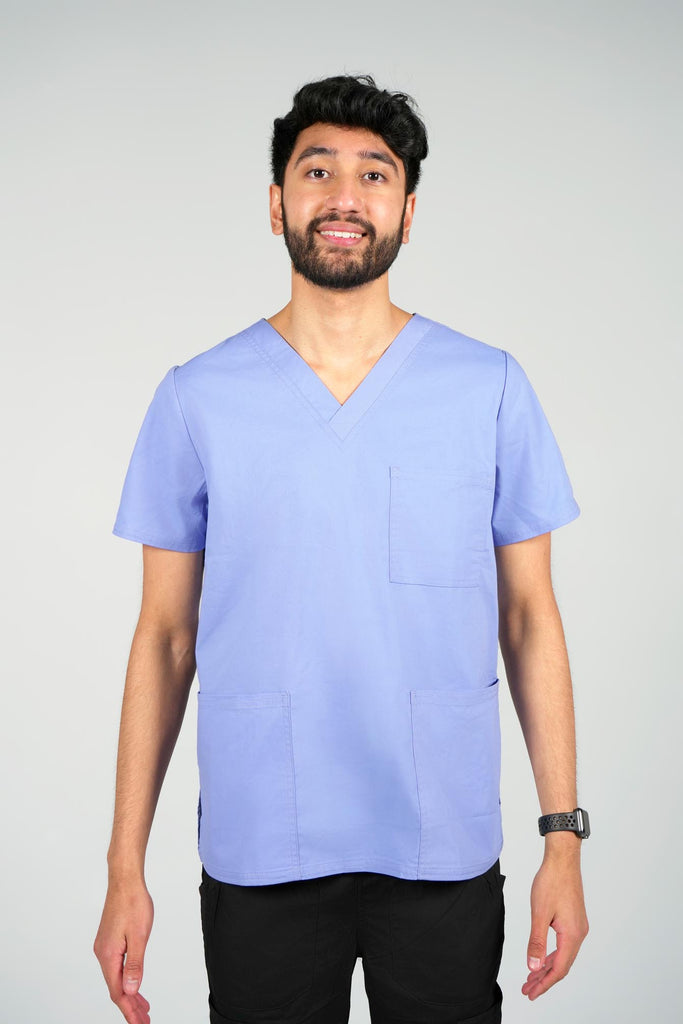 Men's 3-Pocket Scrub Top in Periwinkle front view on model