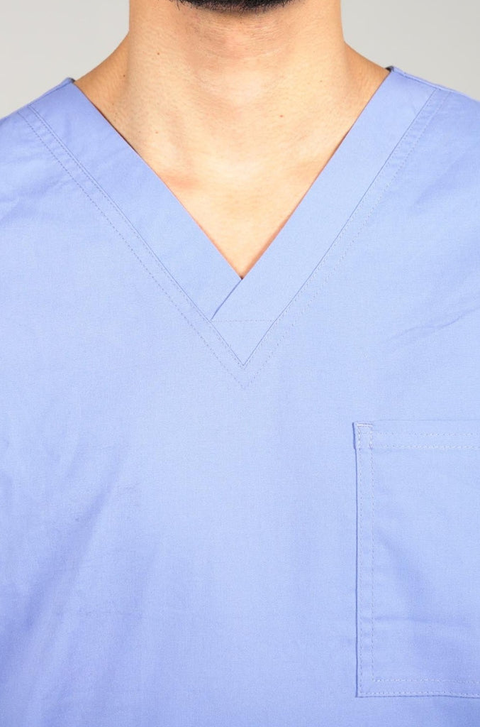 Men's 3-Pocket Scrub Top in Periwinkle closeup on neckline