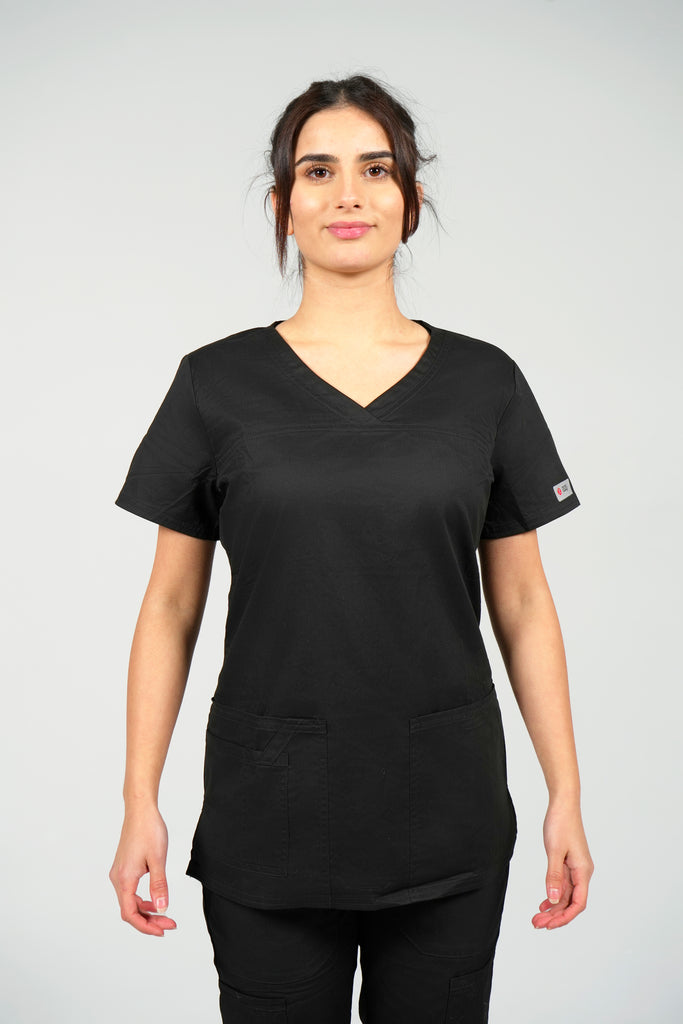 Women's Tailored 4-Pocket V-Neck Scrub Top in Black front view on model