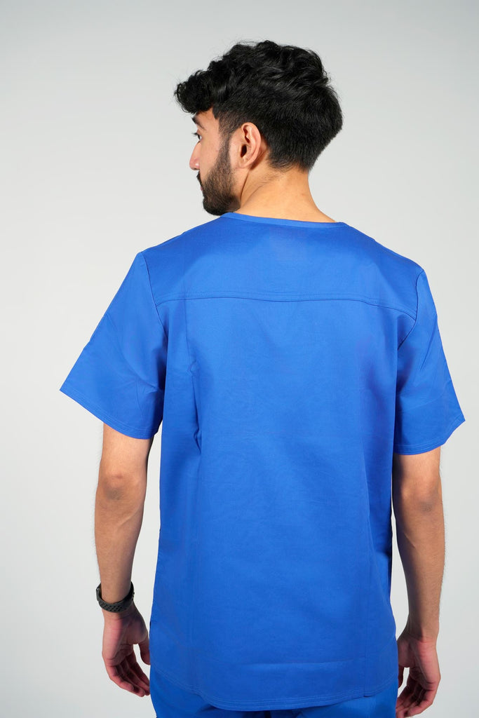 Men's 2-Pocket V-Neck Scrub Top in Royal Blue back view on model