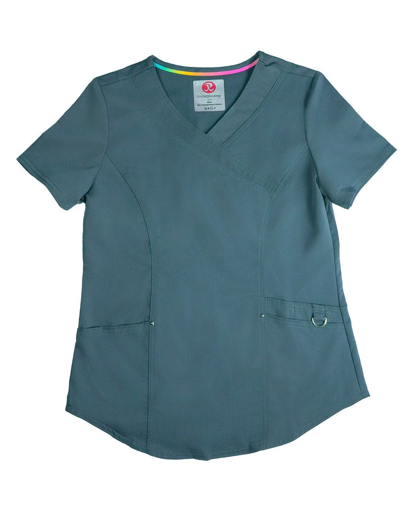 Women's Luxe Mock Wrap Scrub Top in charcoal front view