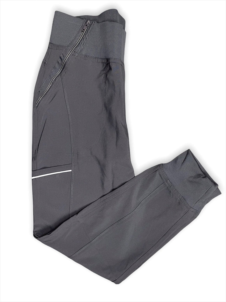Men's Performance Scrub Jogger in shade charcoal folded view, showing elastic waistband, zip, pocket and ankle cuff