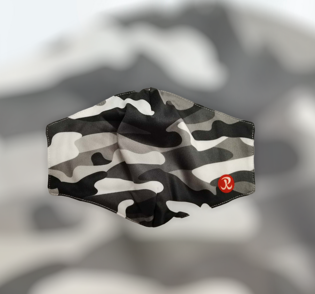 Reusable Adult Face Mask in Grey Camo front view of product on blurred background
