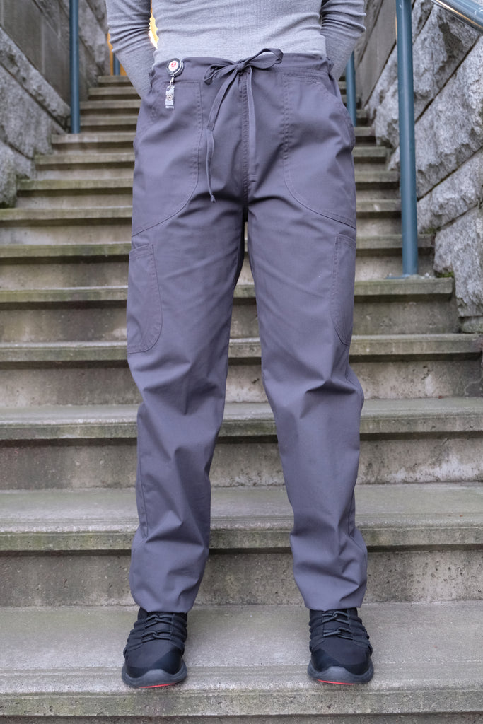 Women's 4-Pocket Scrub Pants in charcoal front view on model