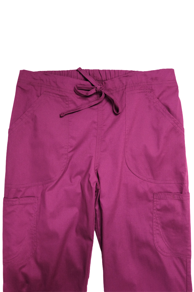 Women's 4-Pocket Scrub Pants in wine closeup on drawstring and pockets