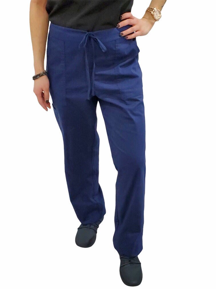 Women's Drawstring Relaxed Fit Scrub Pants in navy front view on model