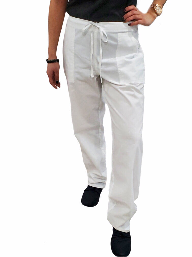 Women's Drawstring Relaxed Fit Scrub Pants in white front view on model