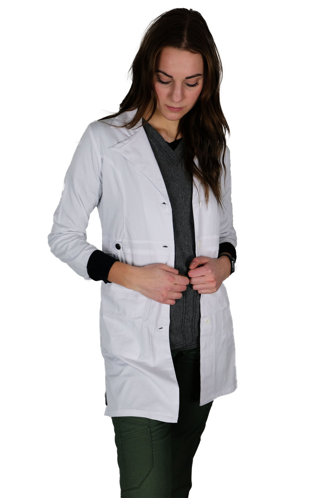 White Lab Coat Mid Length front view on model