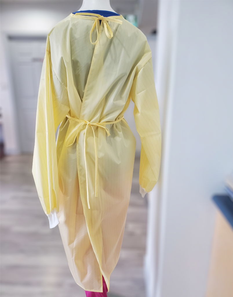 Reusable Isolation Gown in yellow back view on mannequin