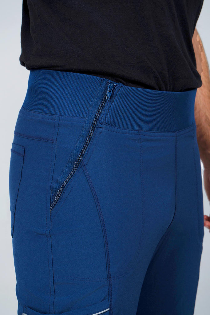 Men's Performance Scrub Jogger in shade navy close up of zipper on waistband