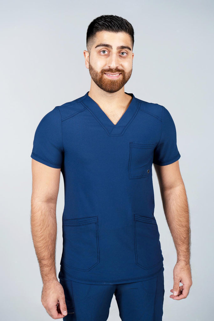 Men's Performance Scrub Top in Navy front view on model