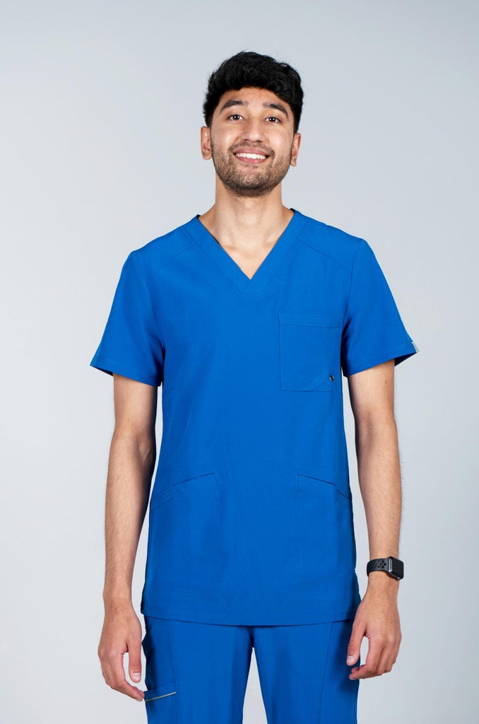 Men's Performance Scrub Top in Royal Blue front view on model