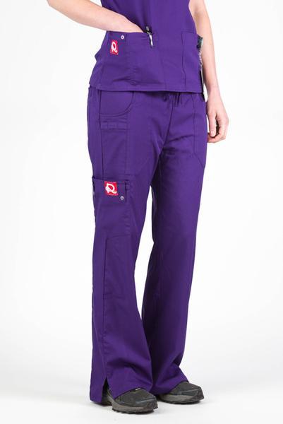 Women’s premium Flex Scrub Pants in shade eggplant shown from side paired with matching eggplant flex scrub top. 