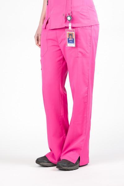 Women’s premium Flex Scrub Pants in shade pink shown from side with id badge hanging from utility loop.