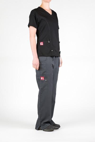 Women’s premium Flex 3-Pocket Scrub Top in shade black paired with women's Flex Pants in shade pewter sideview