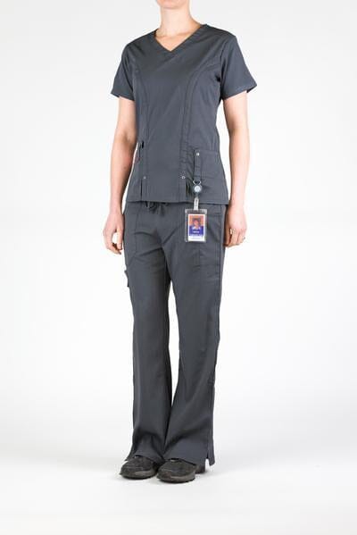Women’s premium Flex 3-Pocket Scrub Top in shade pewter paired with matching scrub set women's Flex Pants in shade pewter front view with id badge hanging from utility loop