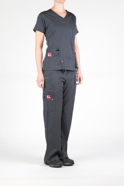 Women’s premium Flex 3-Pocket Scrub Top in shade pewter paired with matching scrub set women's Flex Pants in shade pewter front view with logos