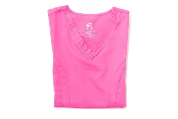 Women’s premium Flex 3-Pocket Scrub Top in shade pink folded sideview