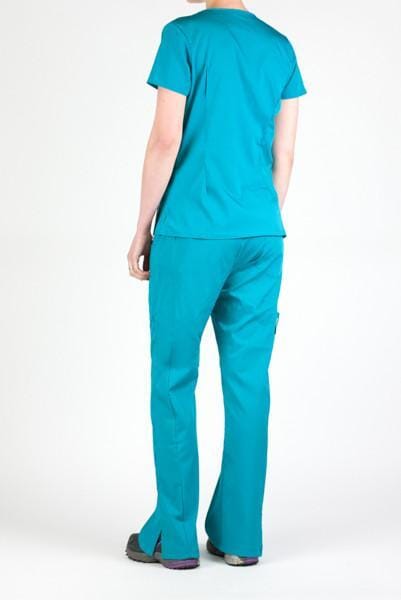 Women’s premium Flex 3-Pocket Scrub Top in shade teal paired with matching scrub set women's Flex Pants in shade teal back view
