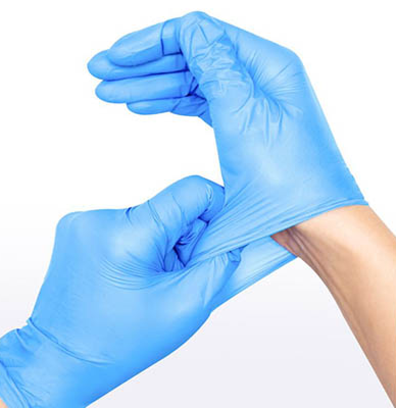 Basic Synthetic Vinyl Exam Gloves in blue worn on model's hands