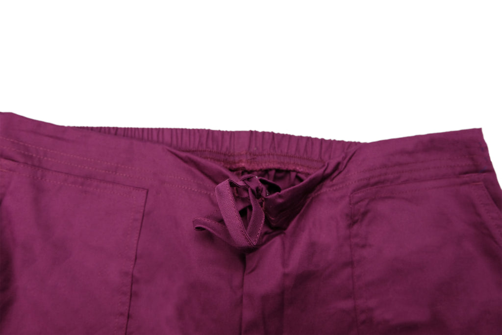 Women's 4-Pocket Relaxed Fit Scrub Pants in wine closeup of drawstring waistband