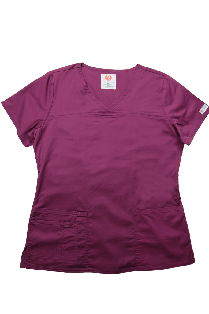Women's Tailored 4-Pocket V-Neck Scrub Top in Wine front view