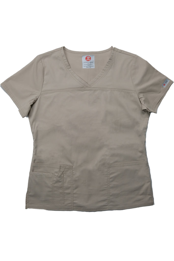 Women's Tailored 4-Pocket V-Neck Scrub Top in Beige front view
