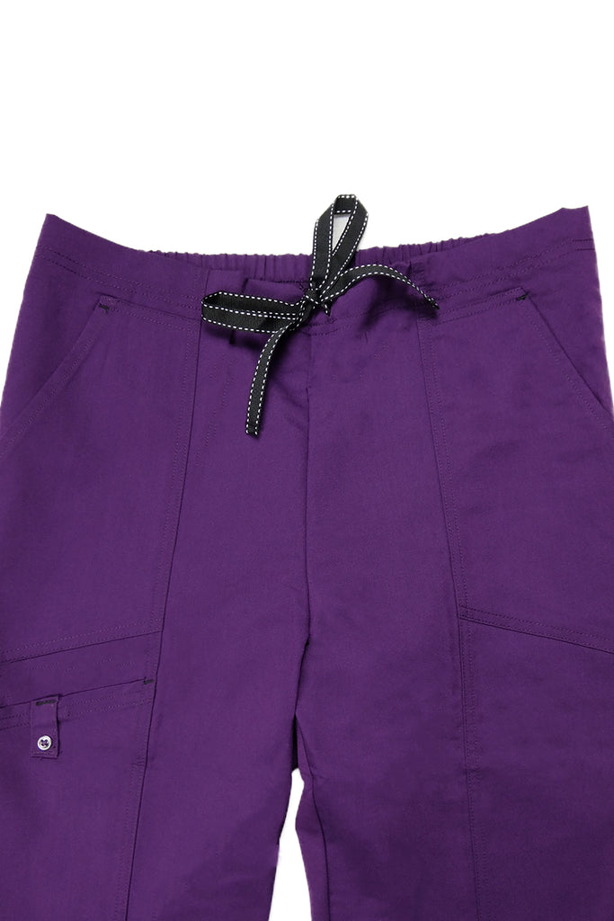 Women's Flex 3-Pocket Scrub Pants in shade eggplant closeup on contrasting black drawstring on waistband
