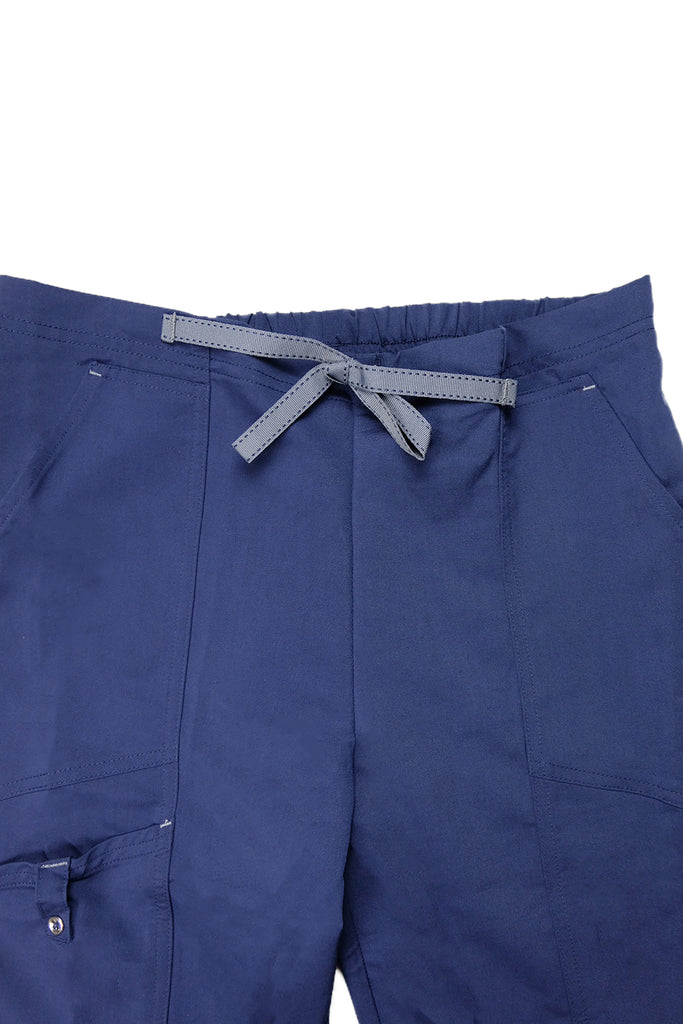 Women's Flex 3-Pocket Scrub Pants in navy closeup on grey contrasting drawstring on waistband