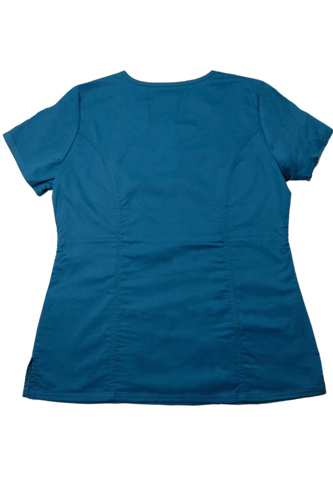 Women's 4-Pocket Curved V-Neck Scrub Top in Caribbean back view