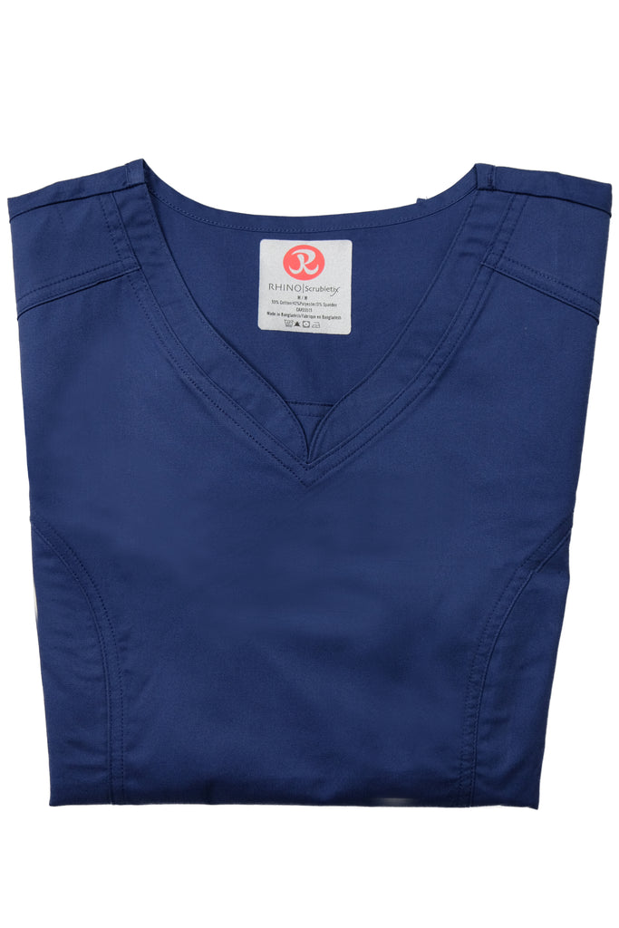 Women's 4-Pocket Curved V-Neck Scrub Top in Navy folded view