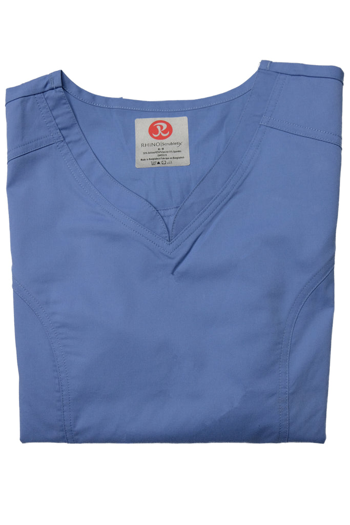 Women's 4-Pocket Curved V-Neck Scrub Top in Periwinkle folded view