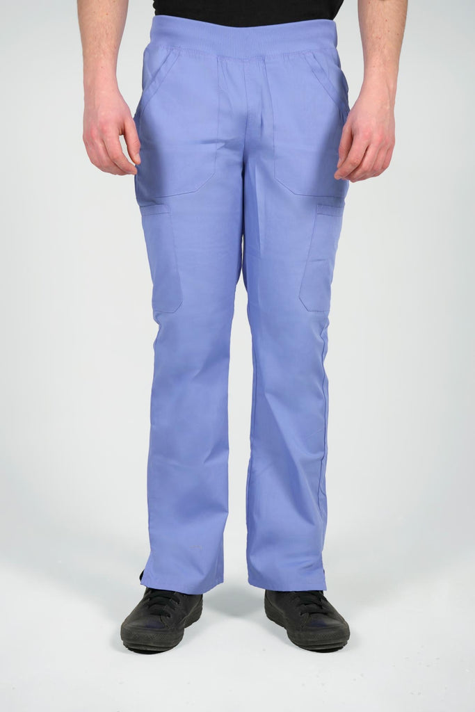 Men's 6-Pocket Elastic Scrub Pant in Periwinkle front view on model